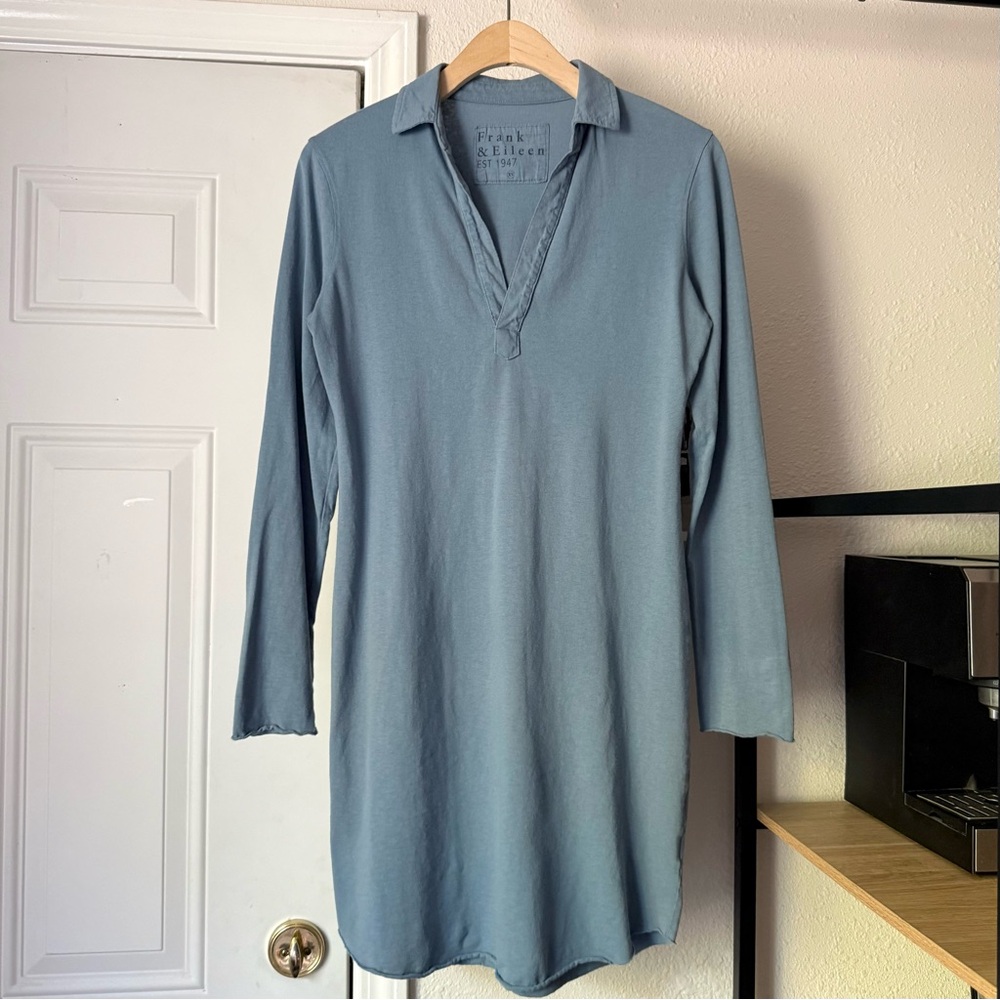 FRANK & EILEEN blue denim indigo garment dyed polo popover t-shirt mini dress‎